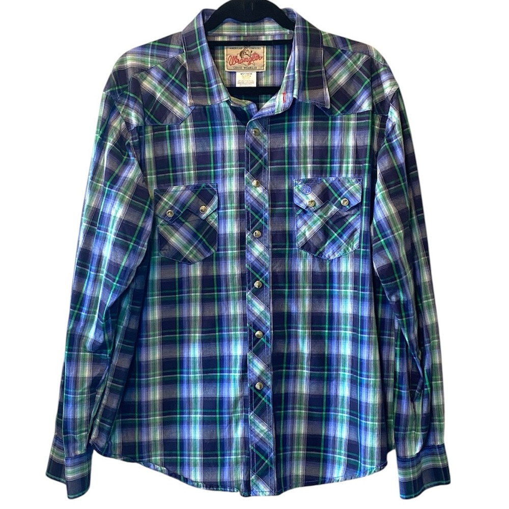 Vintage Wrangler Pearl Snap Shirt Mens XL Blue Green Plaid Long Sleeve Western